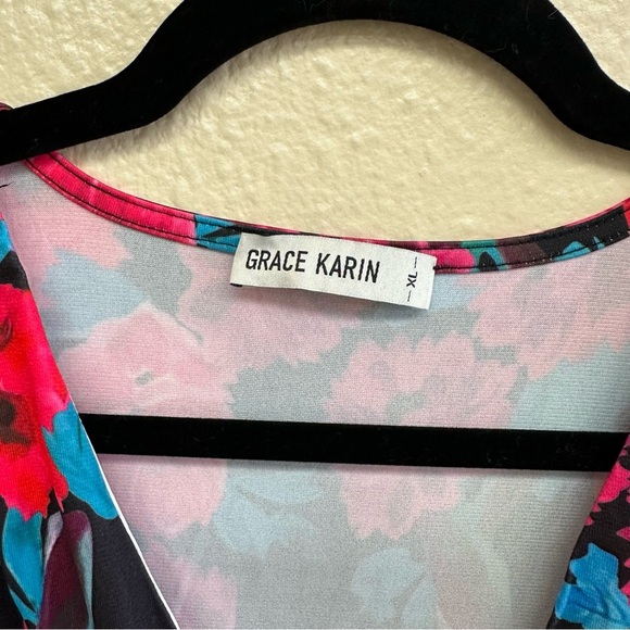 Grace Karin Elegant Wrap Blouse V Neck Pink and Blue Floral Size XL - Picture 4 of 6